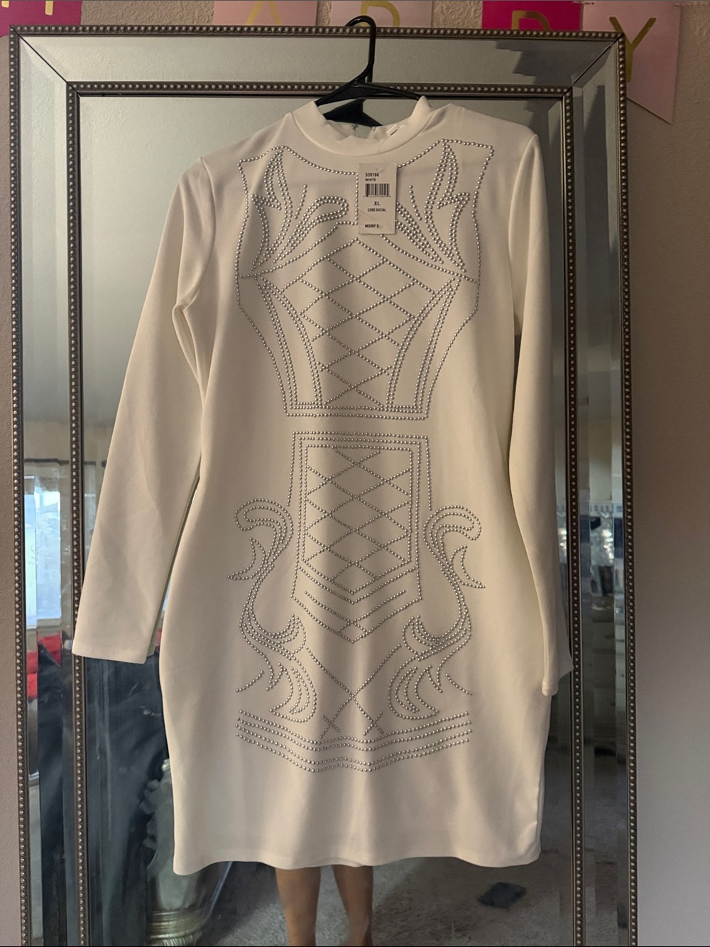Say What? White Long Sleeve Studded Bodycon Dress